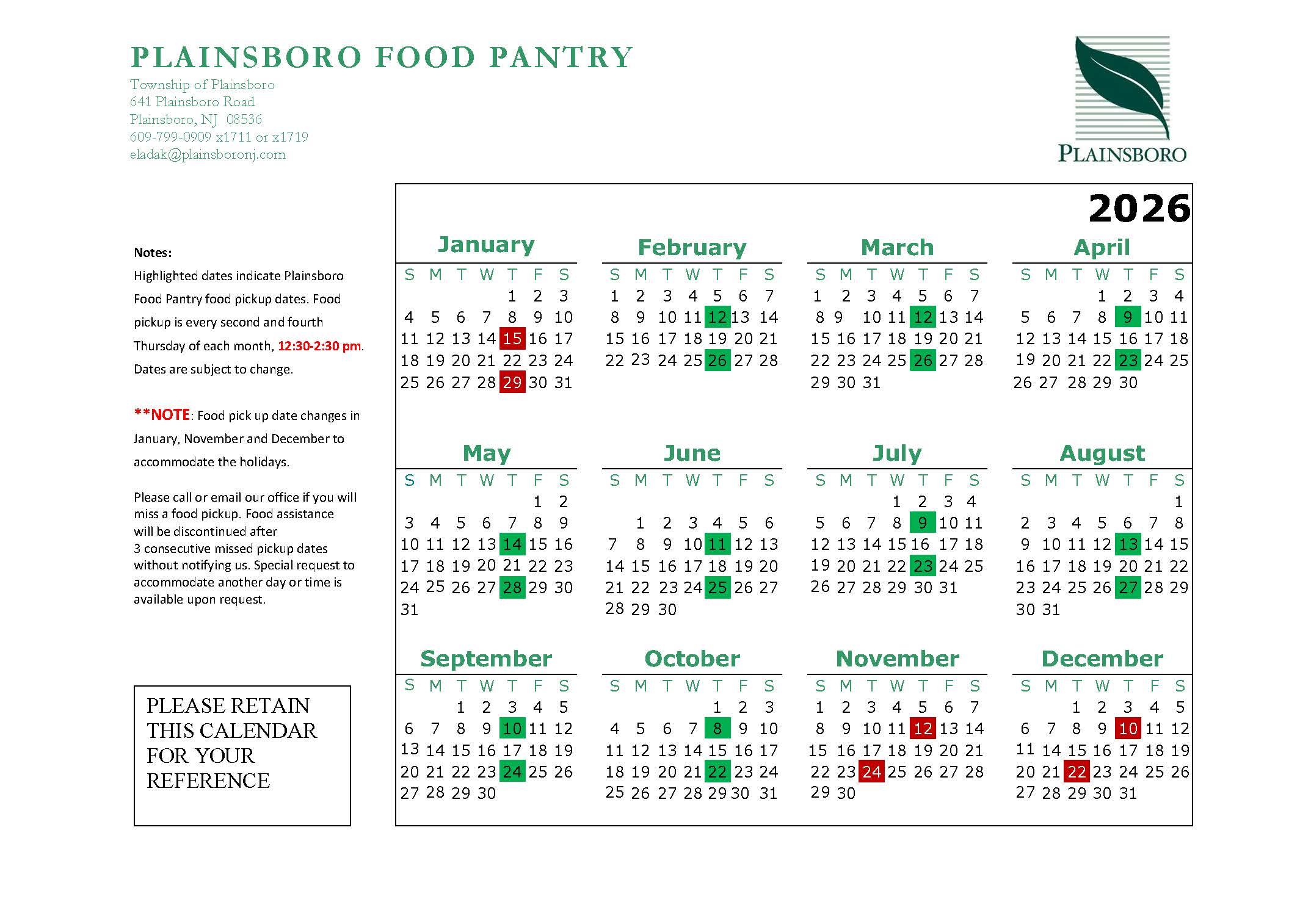 2026 Calendar Food Pantry