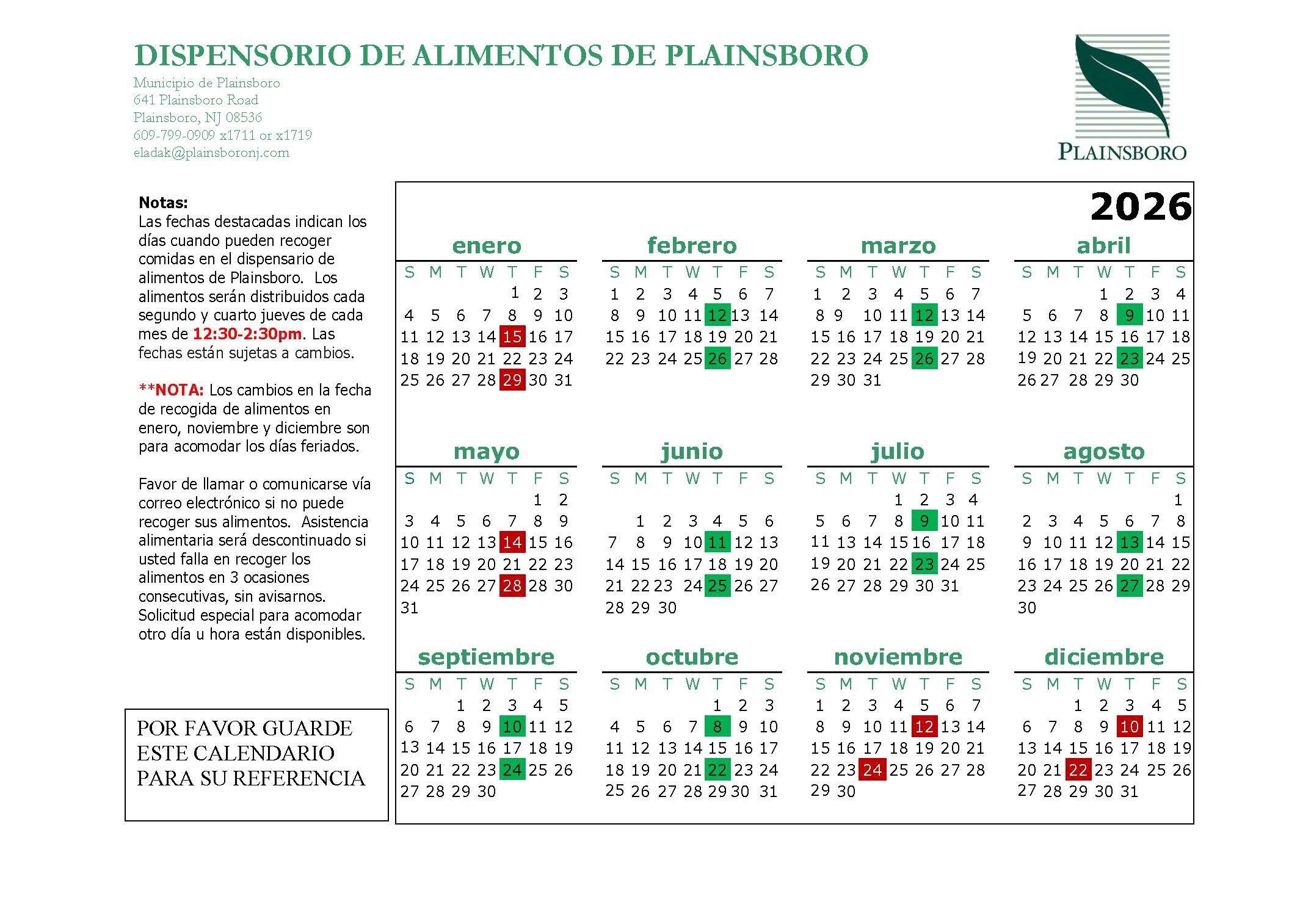 2026  Spanish Calendar  Food Pantry